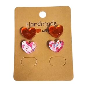 Crimson Bloom Heart Acrylic Stud Earrings - 2 Pair